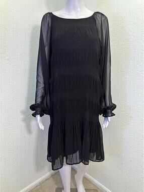Womens Sz M Davina Black Chiffon Pleated Gothic Midi Dress Witchy Dark Alt